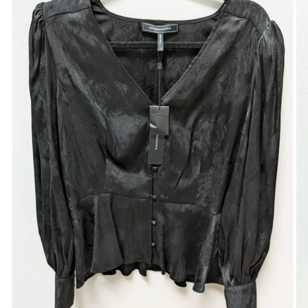 BCBGMAXAZRIA Black Satin V-Neck Button Front Peplum Top